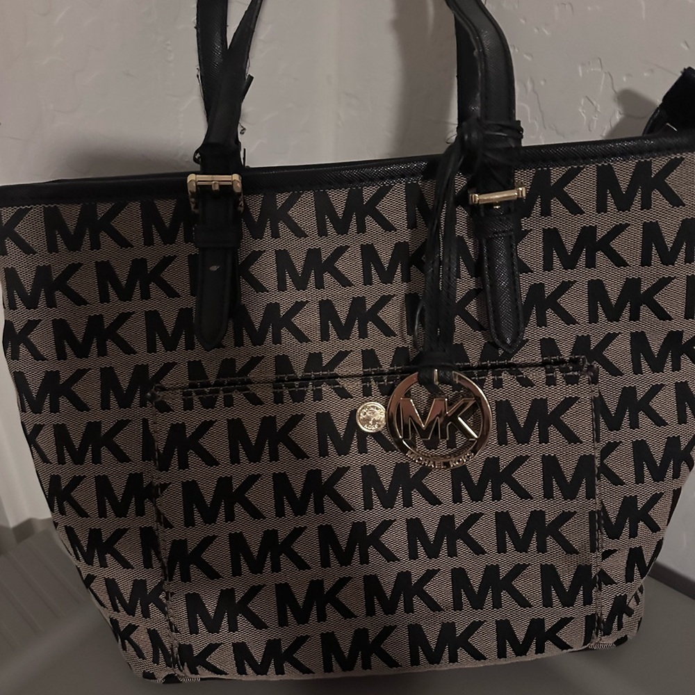 Michael Kors Black and Tan Monogram Tote